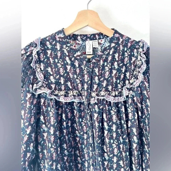 Joie Navy Blue Pattern Balloon Sleeve Cotton Peasant Top Size Medium NWOT - Picture 2 of 9